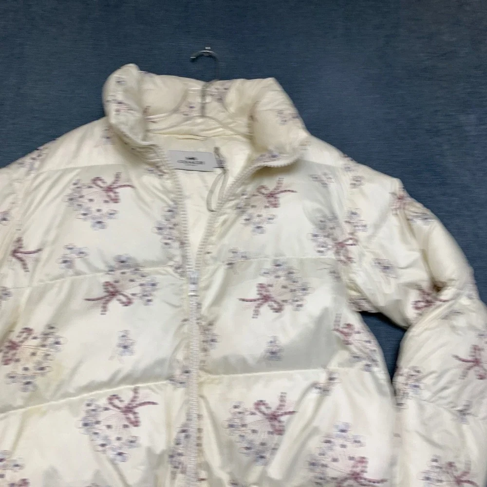Coach Puffer Jacket Womens Large Cream Floral Print Long Sleeve Winter Full Zip
